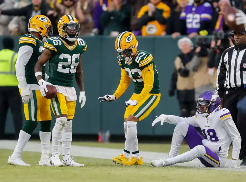 Green Bay Packers cornerback Jaire Alexander does The Griddy after breaking up a pass intended for Minnesota Vikings wide receiver Justin Jefferson (18) on Sunday, January 1, 2023, at Lambeau Field in Green Bay, Wis. Tork Mason/USA TODAY NETWORK-Wisconsin
