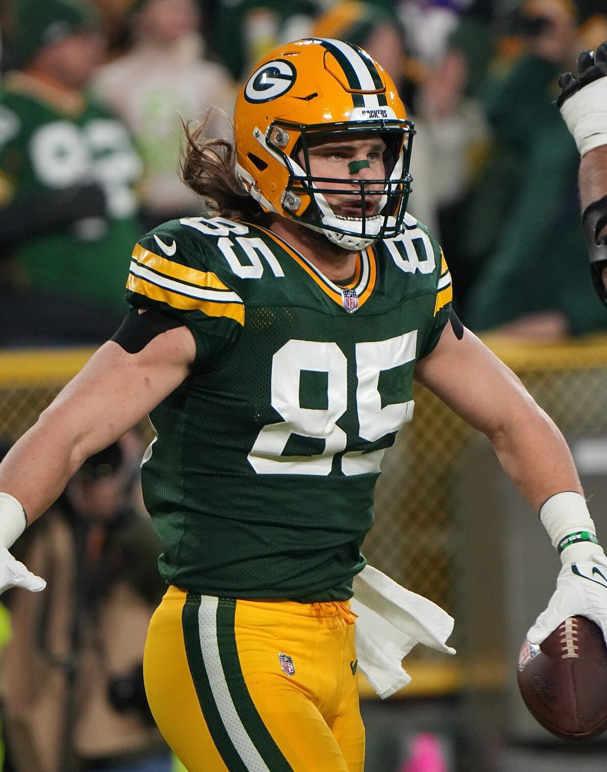 Jan 1, 2023; Green Bay, Wisconsin, USA; Green Bay Packers tight end Robert Tonyan (85) celebrates a touchdown reception during the third quarter of their game against the Minnesota Vikings at Lambeau Field. Mandatory Credit: Mark Hoffman-USA TODAY Sports