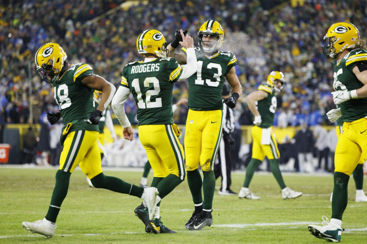 Green Bay Packers Allen Lazard and Aaron Rodgers