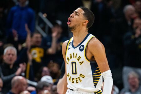 Mar 9, 2023; Indianapolis, Indiana, USA; Indiana Pacers guard Tyrese Haliburton (0) celebrates a made shot in the overtime against the Houston Rockets at Gainbridge Fieldhouse. Mandatory Credit: Trevor Ruszkowski-USA TODAY Sports (NBA News - Milwaukee Bucks)