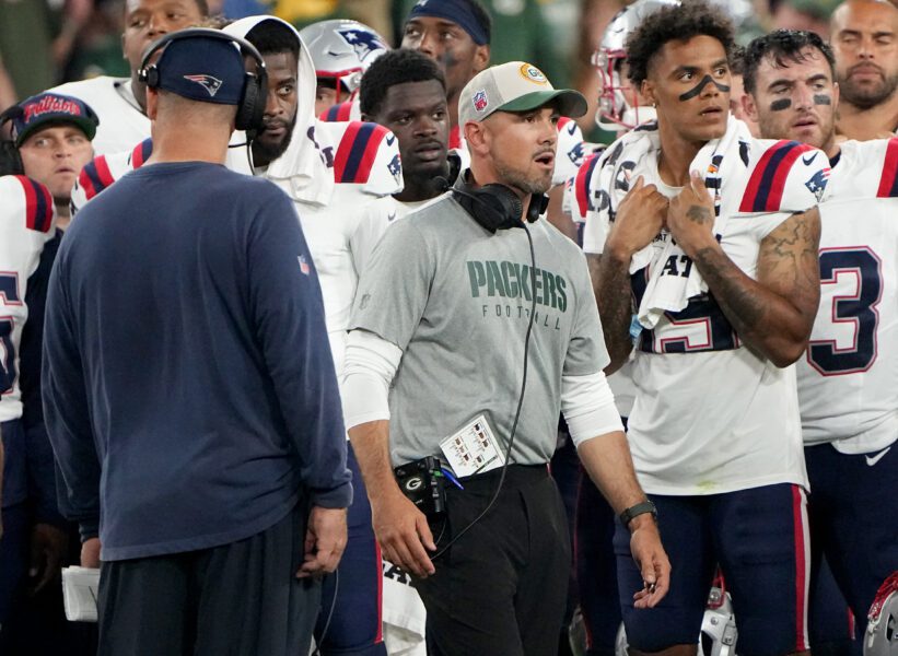 Aug 19, 2023; Green Bay, WI, USA; Green Bay Packers head coach Matt LaFleur is shown after the game was suspended during the fourth quarter of their preseason game against the New England Patriots at Lambeau Field. Mandatory Credit: Mark Hoffman-USA TODAY Sports