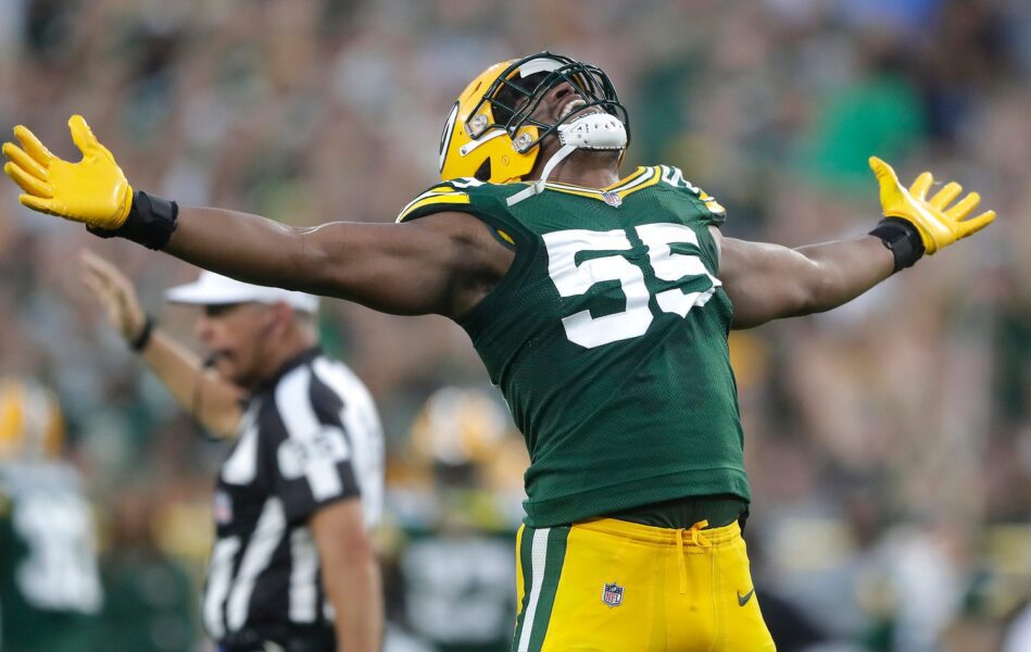 Green Bay Packers linebacker Kingsley Enagbare (55) reacts following a quarterback sack against the New England Patriotduring their preseason football game Saturday, August 19, 2023, at Lambeau Field in Green Bay, Wis. The game was suspended in the fourth quarter following an injury to New England Patriots cornerback Isaiah Bolden (7). Wm. Glasheen USA TODAY NETWORK-Wisconsin