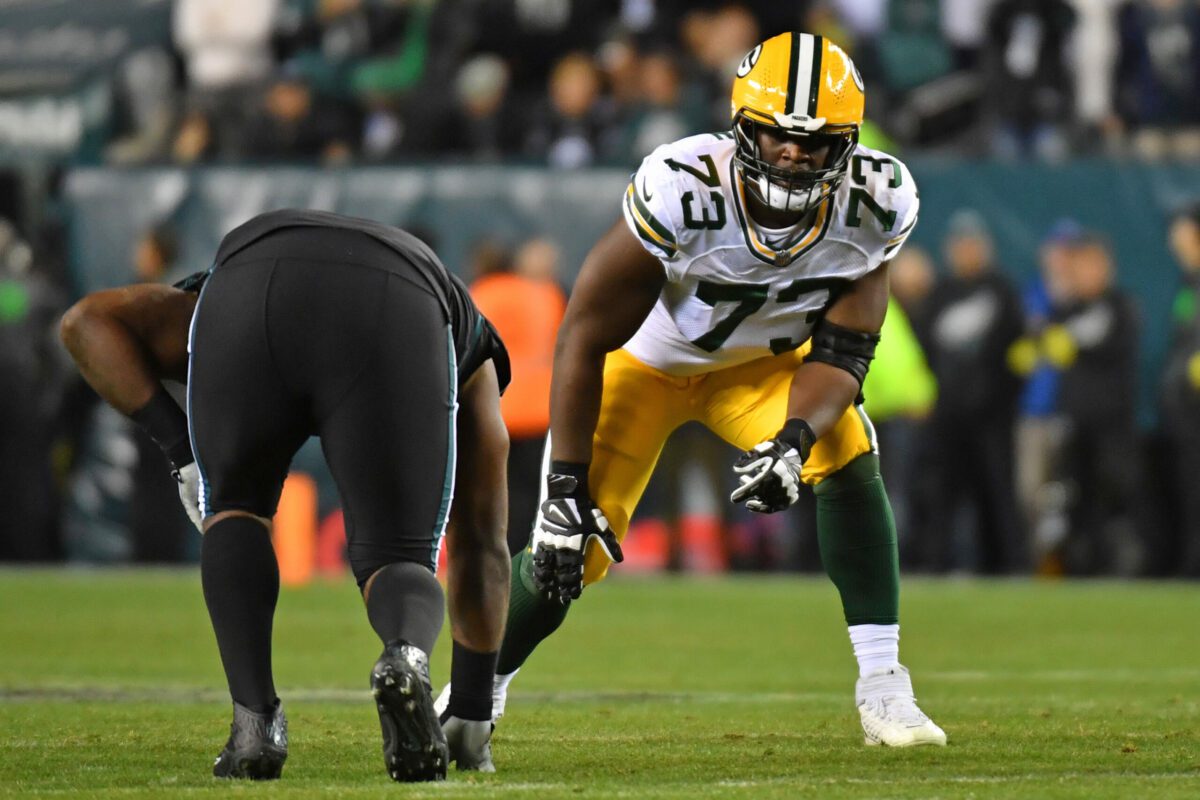 Nov 27, 2022; Philadelphia, Pennsylvania, USA; Green Bay Packers offensive tackle Yosh Nijman (73) against the Philadelphia Eagles at Lincoln Financial Field. Mandatory Credit: Eric Hartline-USA TODAY Sports