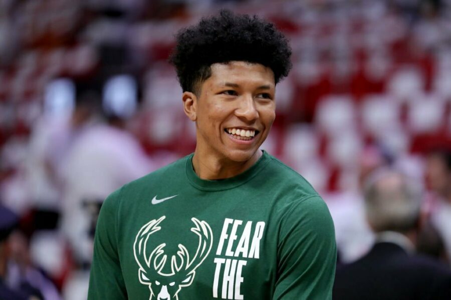 MIAMI, FLORIDA - APRIL 24: MarJon Beauchamp #0 of the Milwaukee Bucks warms up prior to playing the Miami Heat in Game Four of the Eastern Conference First Round Playoffs at Kaseya Center on April 24, 2023 in Miami, Florida. NOTE TO USER: User expressly acknowledges and agrees that, by downloading and or using this photograph, User is consenting to the terms and conditions of the Getty Images License Agreement. (Photo by Megan Briggs/Getty Images)