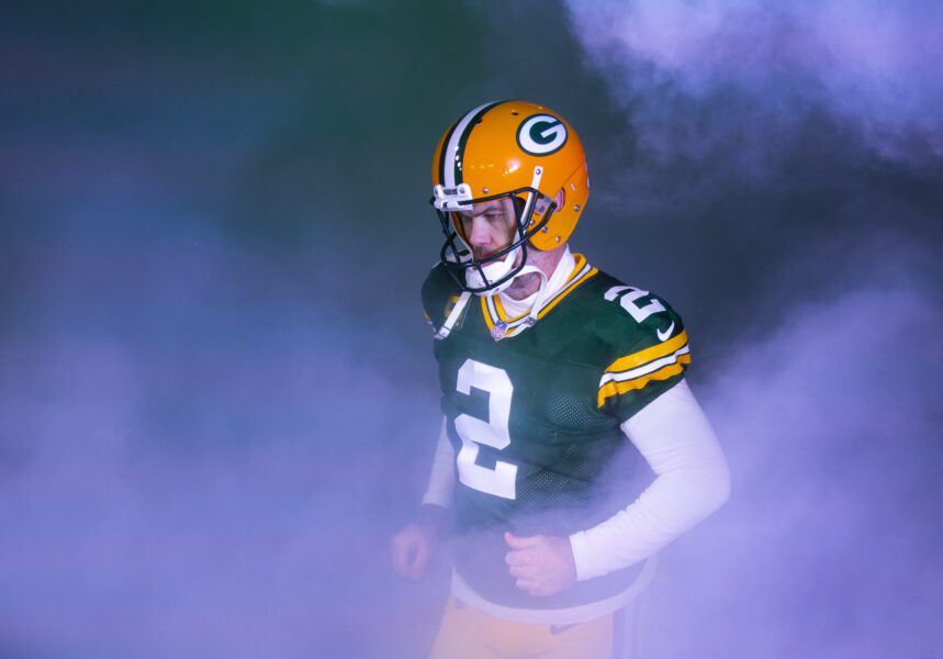 Jan 16, 2021; Green Bay, Wisconsin, USA; Green Bay Packers kicker Mason Crosby (2) against the Los Angeles Rams during the NFC Divisional Round at Lambeau Field. Mandatory Credit: Mark J. Rebilas-USA TODAY Sports