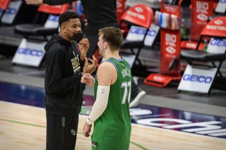 Apr 8, 2021; Dallas, Texas, USA; Milwaukee Bucks forward Giannis Antetokounmpo (left) talks with Dallas Mavericks guard Luka Doncic (right) after the game at the American Airlines Center. Mandatory Credit: Jerome Miron-USA TODAY Sports