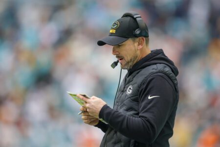 Dec 25, 2022; Miami Gardens, Florida, USA; Green Bay Packers head coach Matt LaFleur looks on from the sideline during the third quarter against the Miami Dolphins at Hard Rock Stadium. Mandatory Credit: Sam Navarro-USA TODAY Sports Aaron Jones