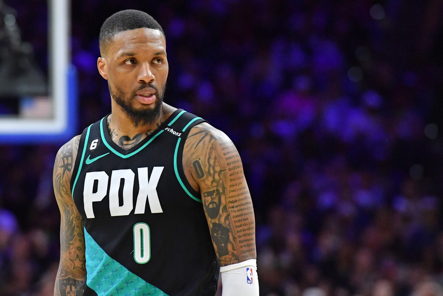 Mar 10, 2023; Philadelphia, Pennsylvania, USA; Portland Trail Blazers guard Damian Lillard (0) against the Philadelphia 76ers at Wells Fargo Center. Mandatory Credit: Eric Hartline-USA TODAY Sports