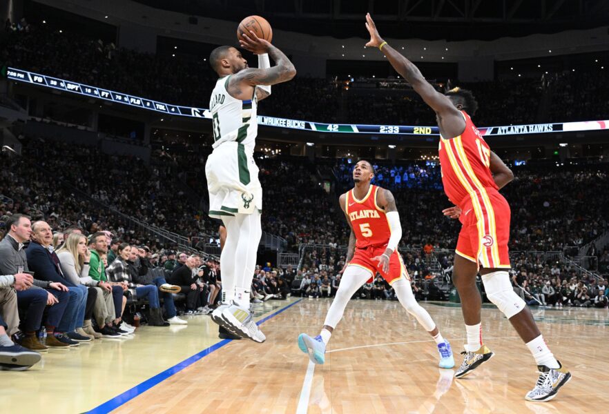 Oct 29, 2023; Milwaukee, Wisconsin, USA; Milwaukee Bucks guard Damian Lillard (0) puts up a shot agains the Atlanta Hawks in the second quarter at Fiserv Forum. Mandatory Credit: Michael McLoone-USA TODAY Sports