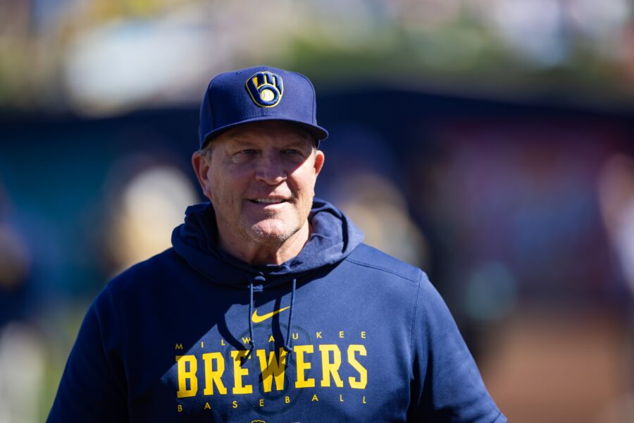 Feb 25, 2023; Phoenix, Arizona, USA; Milwaukee Brewers bench coach Pat Murphy against the Los Angeles Dodgers during a spring training game at American Family Fields of Phoenix. Mandatory Credit: Mark J. Rebilas-USA TODAY Sports