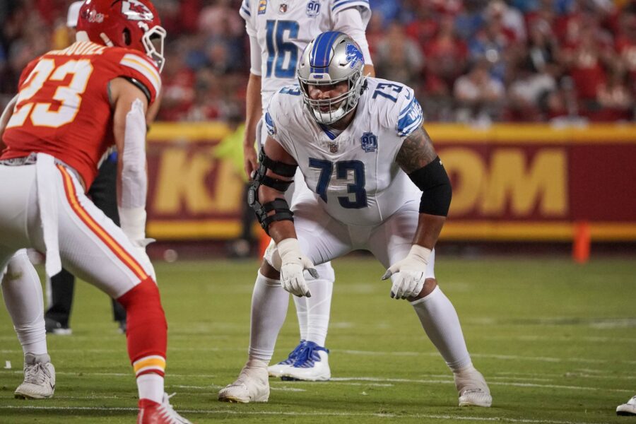 Sep 7, 2023; Kansas City, Missouri, USA; Detroit Lions guard Jonah Jackson (73) at the line of scrimmage against the Kansas City Chiefs during the game at GEHA Field at Arrowhead Stadium. Mandatory Credit: Denny Medley-USA TODAY Sports