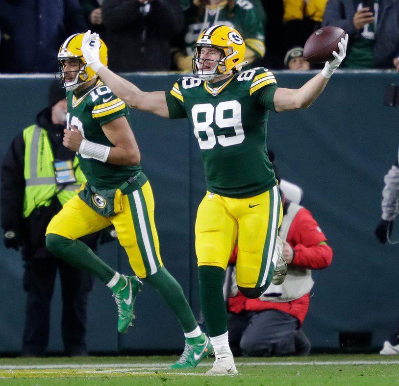 Green Bay Packers tight end Ben Sims (89) celebrates scoring a touchdown againsst the Kansas City Chiefs during their football game Sunday, December 3, 2023, at Lambeau Field in Green Bay, Wis. 