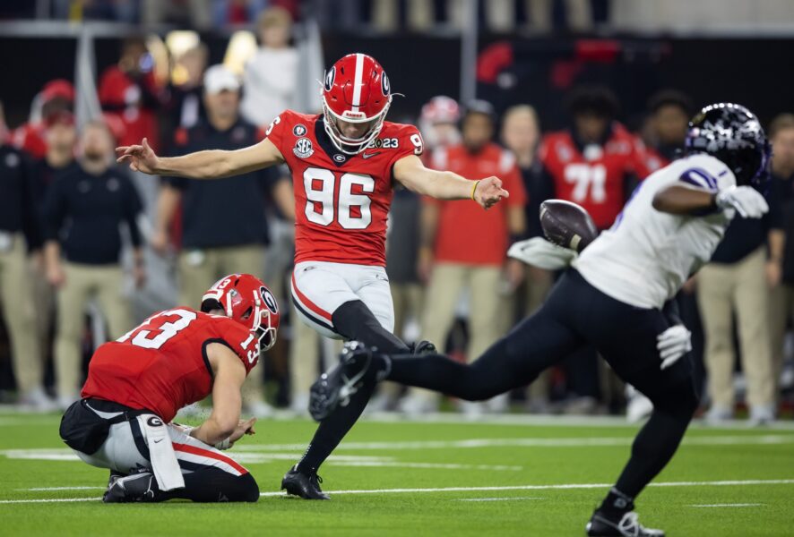 Jan 9, 2023; Inglewood, CA, USA; Georgia Bulldogs kicker Jack Podlesny (96) against the TCU Horned Frogs during the CFP national championship game at SoFi Stadium. Mandatory Credit: Mark J. Rebilas-USA TODAY Sports (Green Bay Packers)