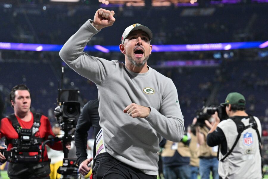 Dec 31, 2023; Minneapolis, Minnesota, USA; Green Bay Packers head coach Matt LaFleur runs off the field after the game against the Minnesota Vikings at U.S. Bank Stadium. Mandatory Credit: Jeffrey Becker-USA TODAY Sports