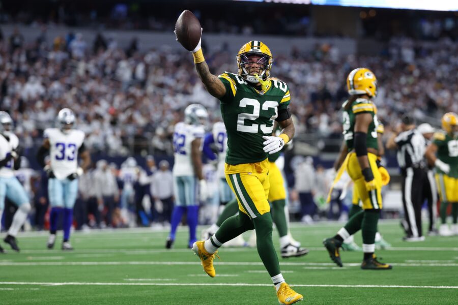 Jan 14, 2024; Arlington, Texas, USA; Green Bay Packers cornerback Jaire Alexander (23) reacts after an interception against the Dallas Cowboys in the first half of the 2024 NFC wild card game at AT&T Stadium. Mandatory Credit: Kevin Jairaj-USA TODAY Sports