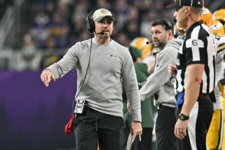 Dec 31, 2023; Minneapolis, Minnesota, USA; Green Bay Packers head coach Matt LaFleur reacts during the game against the Minnesota Vikings at U.S. Bank Stadium. Mandatory Credit: Jeffrey Becker-USA TODAY Sports