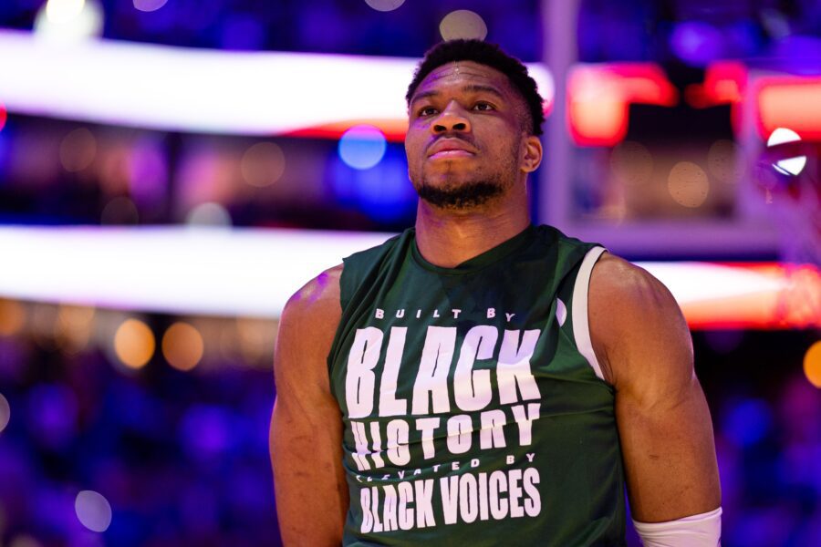 Feb 25, 2024; Philadelphia, Pennsylvania, USA; Milwaukee Bucks forward Giannis Antetokounmpo (34) stands for the anthem before action against the Philadelphia 76ers at Wells Fargo Center. Mandatory Credit: Bill Streicher-USA TODAY Sports