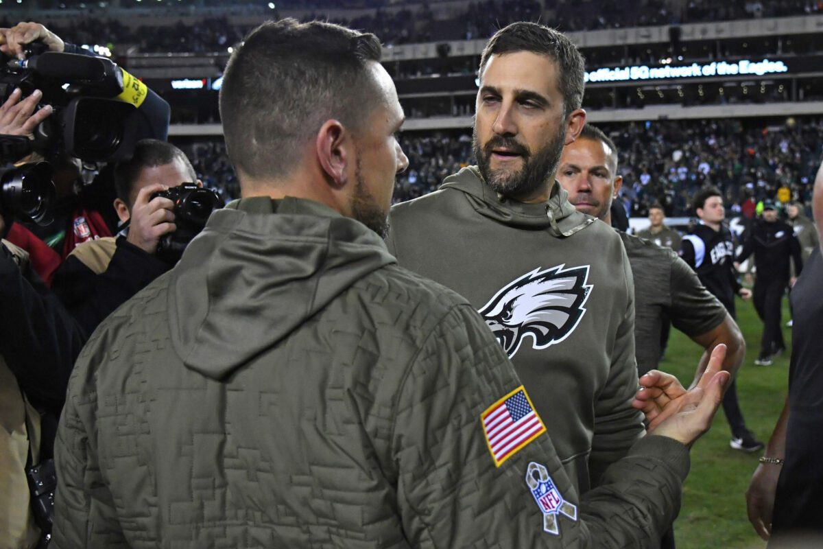 Nov 27, 2022; Philadelphia, Pennsylvania, USA; Philadelphia Eagles head coach Nick Sirianni and Green Bay Packers head coach Matt LaFleur meet on the field after Eagles win at Lincoln Financial Field. Mandatory Credit: Eric Hartline-USA TODAY Sports