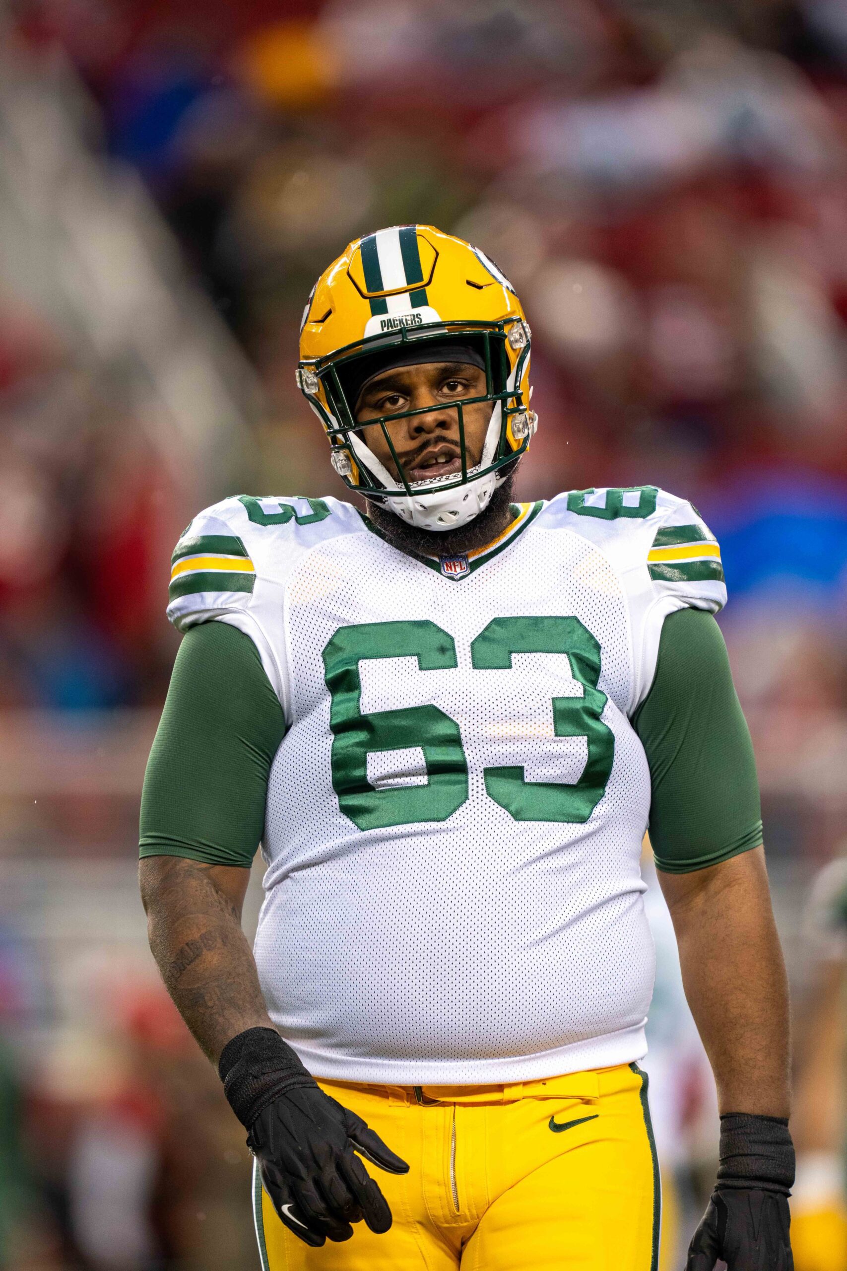 January 20, 2024; Santa Clara, CA, USA; Green Bay Packers offensive tackle Rasheed Walker (63) before a 2024 NFC divisional round game against the San Francisco 49ers at Levi's Stadium. Mandatory Credit: Kyle Terada-USA TODAY Sports