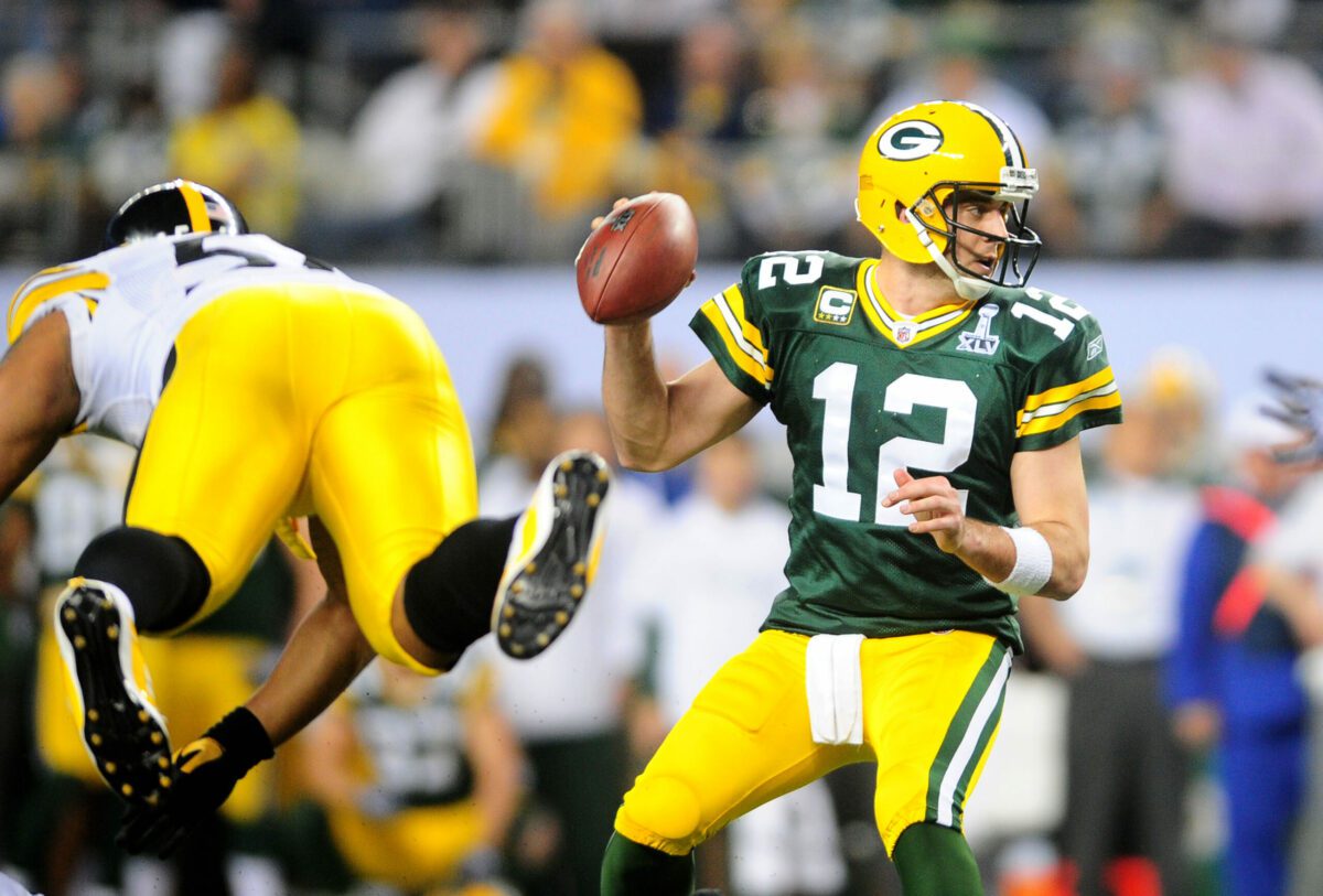 Feb 6, 2011; Arlington, TX, USA; Green Bay Packers quarterback Aaron Rodgers (12) against the Pittsburgh Steelers in Super Bowl XLV at Cowboys Stadium. Mandatory Credit: Mark J. Rebilas-USA TODAY Sports