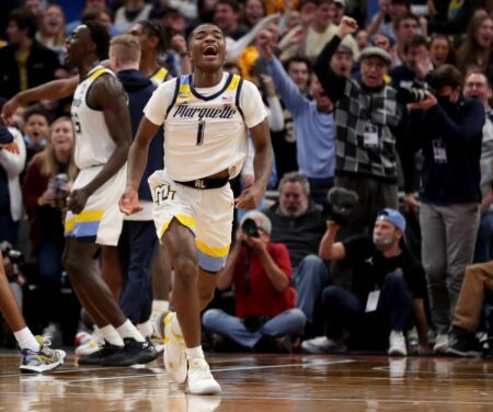 Marquette Golden Eagles guard Kameron Jones (1) celebrated after Marquette Golden Eagles 67-66 win over the Illinois Fighting Illini at Fiserv Forum in Milwaukee on Monday, Nov. 15, 2021. - Photo by Mike De Sisti / Milwaukee Journal Sentinel ORG XMIT: DBY1 Mjs Mumen 03866