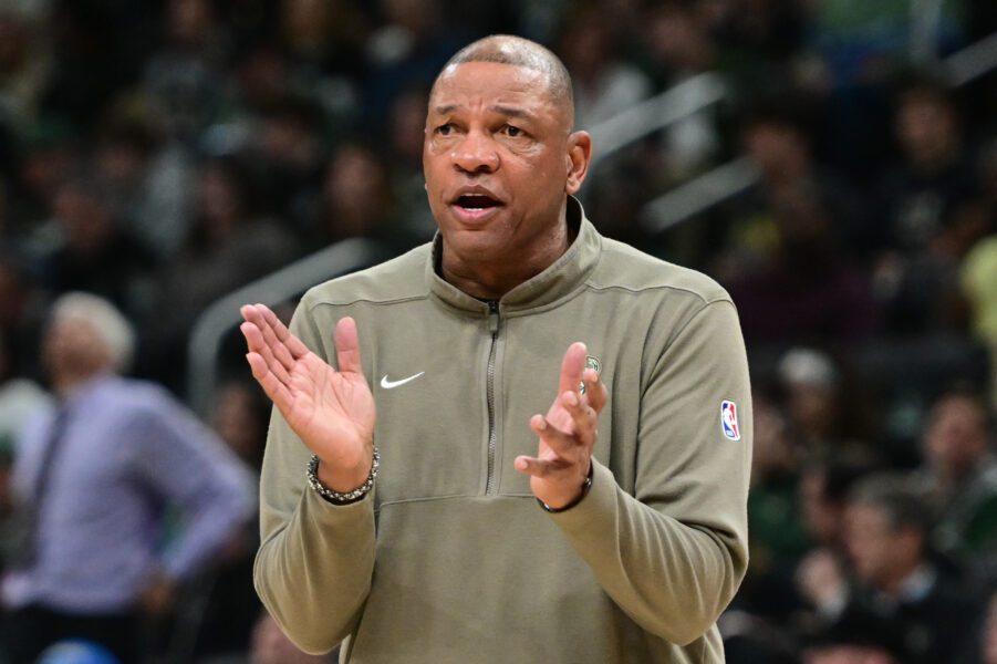 Apr 10, 2024; Milwaukee, Wisconsin, USA; Milwaukee Bucks head coach Doc Rivers reacts in the fourth quarter against the Orlando Magic at Fiserv Forum. Mandatory Credit: Benny Sieu-USA TODAY Sports