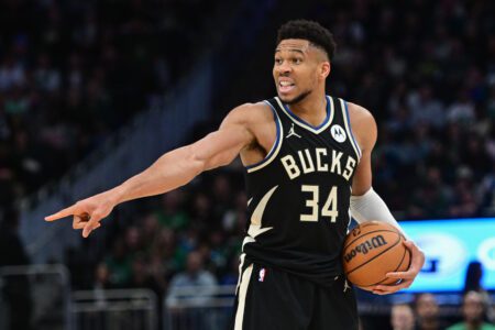 Apr 9, 2024; Milwaukee, Wisconsin, USA; Milwaukee Bucks forward Giannis Antetokounmpo (34) calls a play in the second quarter against the Boston Celtics at Fiserv Forum. Mandatory Credit: Benny Sieu-USA TODAY Sports