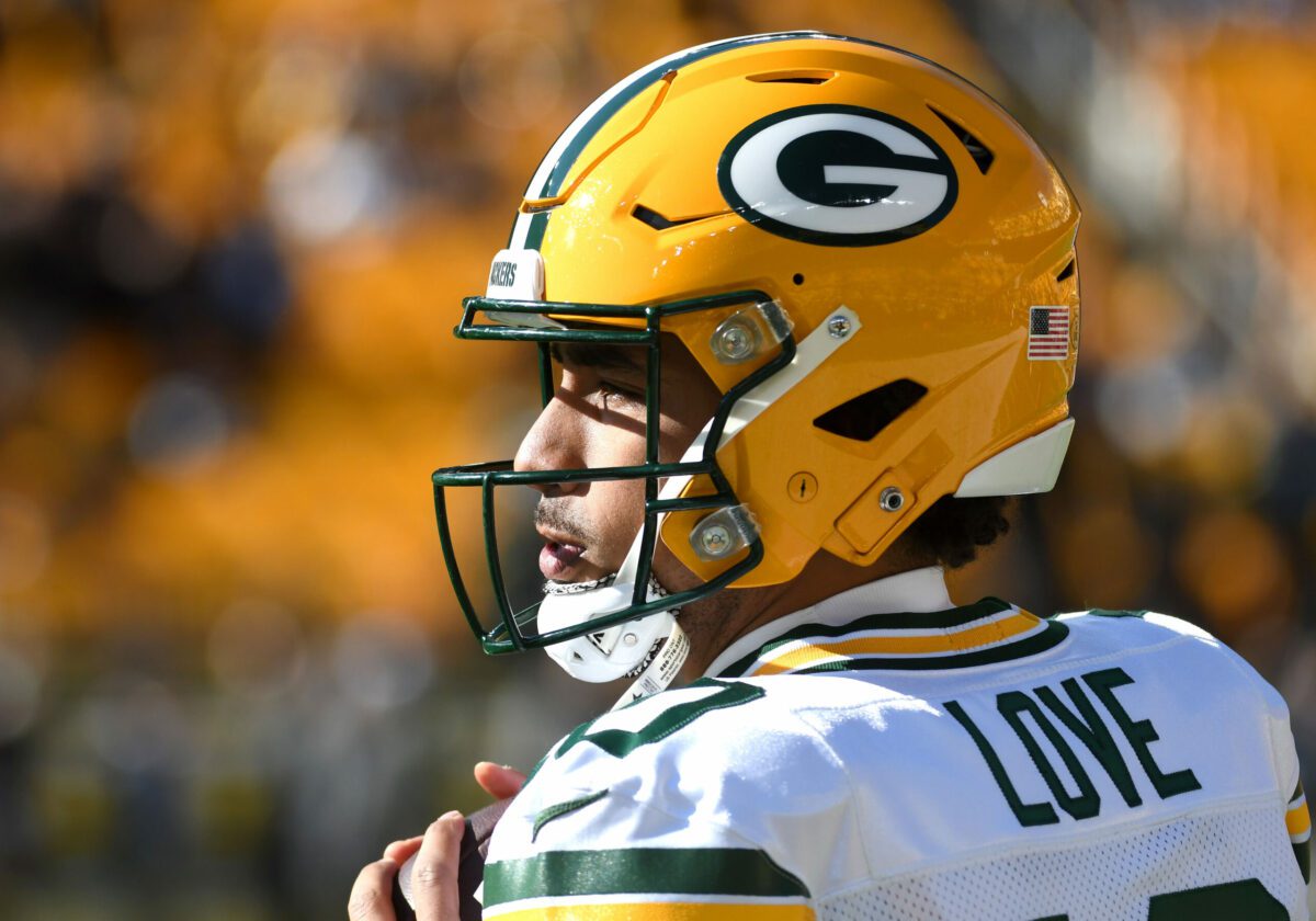 Nov 12, 2023; Pittsburgh, Pennsylvania, USA; Green Bay Packers quarterback Jordan Love (10) before playing the Pittsburgh Steelers at Acrisure Stadium. Mandatory Credit: Philip G. Pavely-USA TODAY Sports