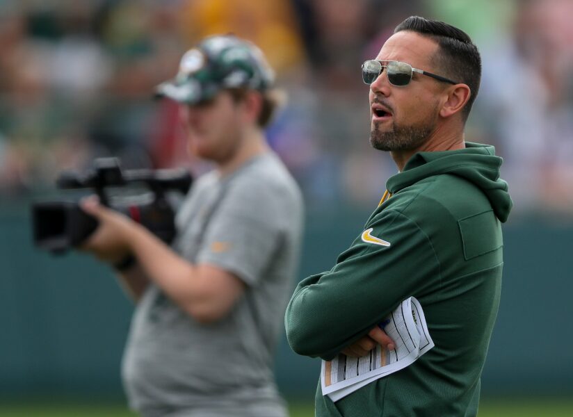 Green Bay Packers head coach Matt LaFleur surveys practice on Wednesday, July 24, 2024, at Ray Nitschke Field in Green Bay, Wis.