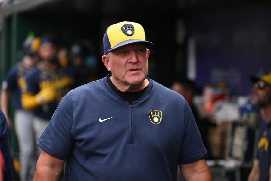 Aug 4, 2024; Washington, District of Columbia, USA; Milwaukee Brewers manager Pat Murphy (21) walks around in the dugout against the Washington Nationals during the fourth inning at Nationals Park. Mandatory Credit: Rafael Suanes-USA TODAY Sports