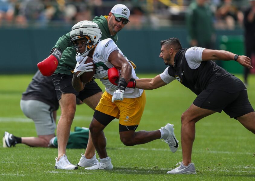 Gren Bay Packers running back MarShawn Lloyd (32) runs through a drill during the 11th practice of training camp on Tuesday, August 6, 2024, at Ray Nitschke Field in Ashwaubenon, Wis. Tork Mason/USA TODAY NETWORK-Wisconsin