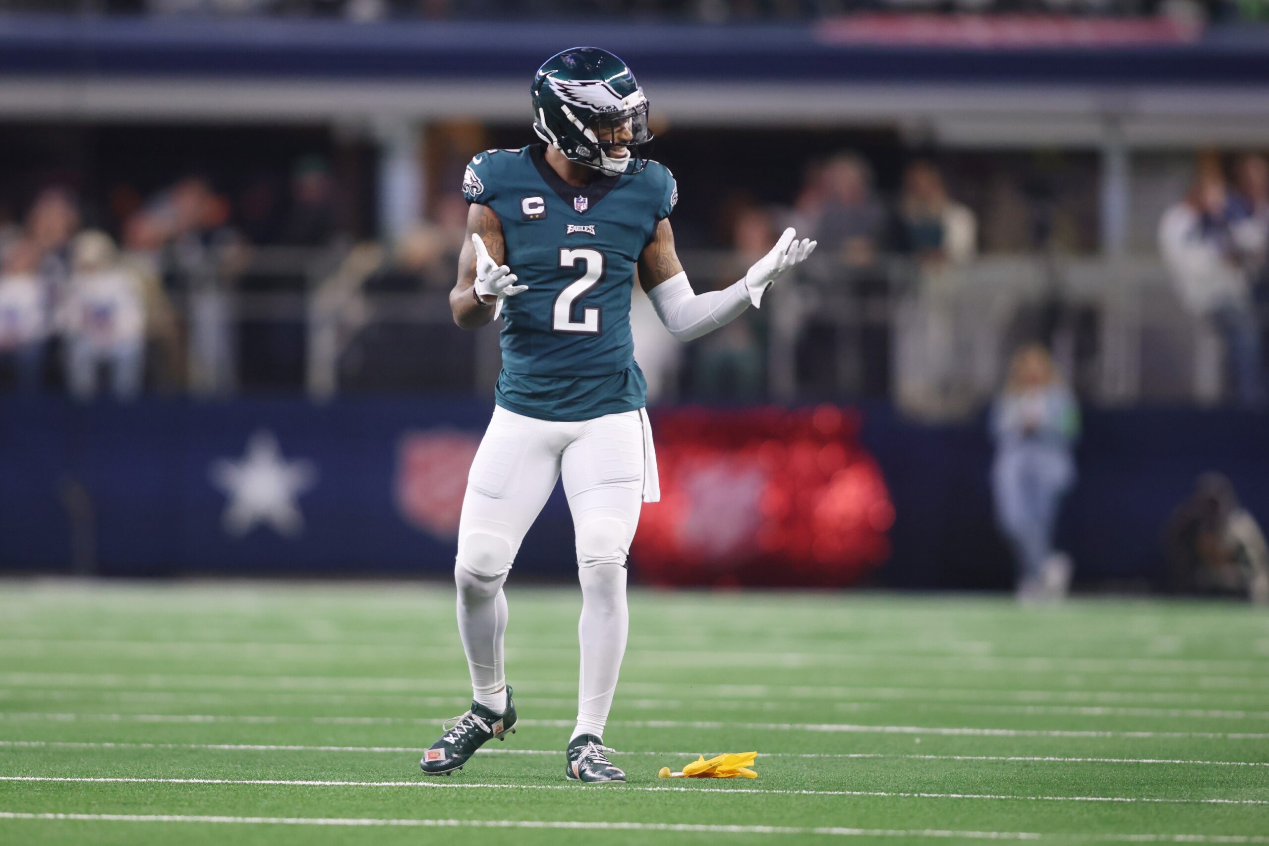 Green Bay Packers Philadelphia EaglesDec 10, 2023; Arlington, Texas, USA; Philadelphia Eagles cornerback Darius Slay (2) reacts after being called for pass interference against the Dallas Cowboys in the first quarter at AT&T Stadium. Mandatory Credit: Tim Heitman-USA TODAY Sports