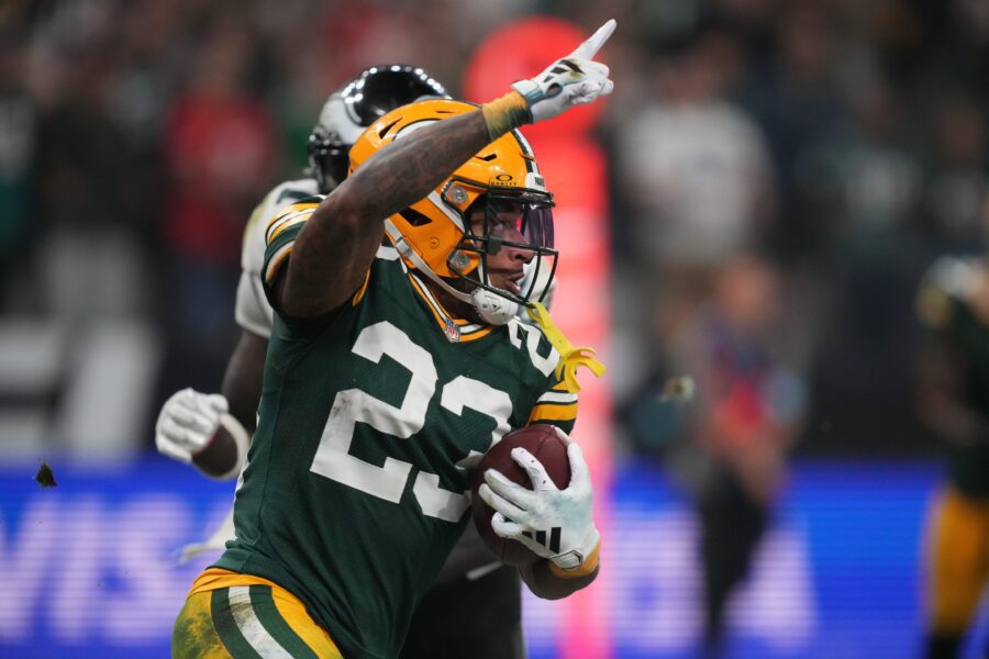 Sep 6, 2024; Sao Paulo, BRA; Green Bay Packers cornerback Jaire Alexander (23) runs during the second half against the Philadelphia Eagles at Neo Quimica Arena. Mandatory Credit: Kirby Lee-Imagn Images