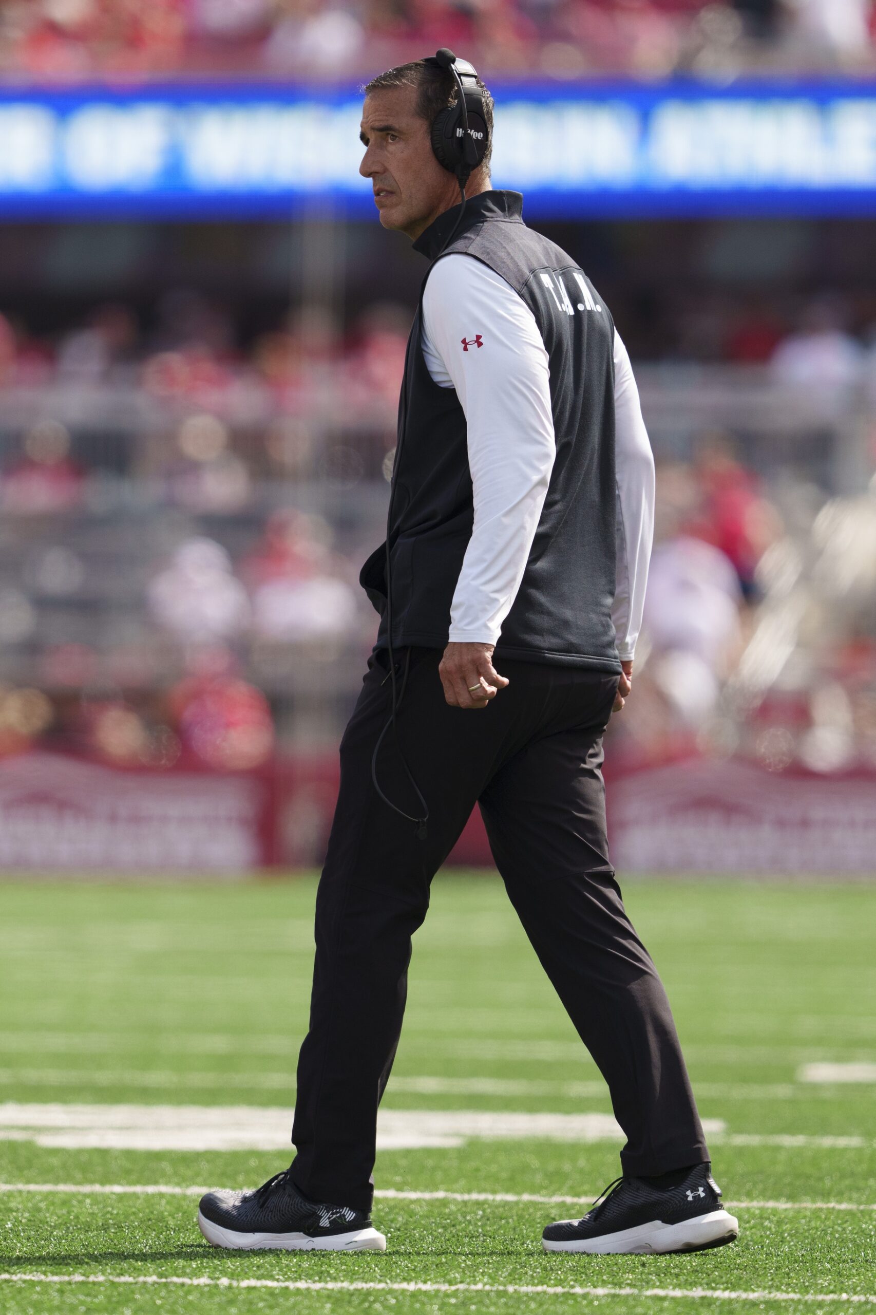 Sep 14, 2024; Madison, Wisconsin, USA; Wisconsin Badgers head coach Luke Fickell looks on during the fourth quarter against the Alabama Crimson Tide at Camp Randall Stadium. Mandatory Credit: Jeff Hanisch-Imagn Images