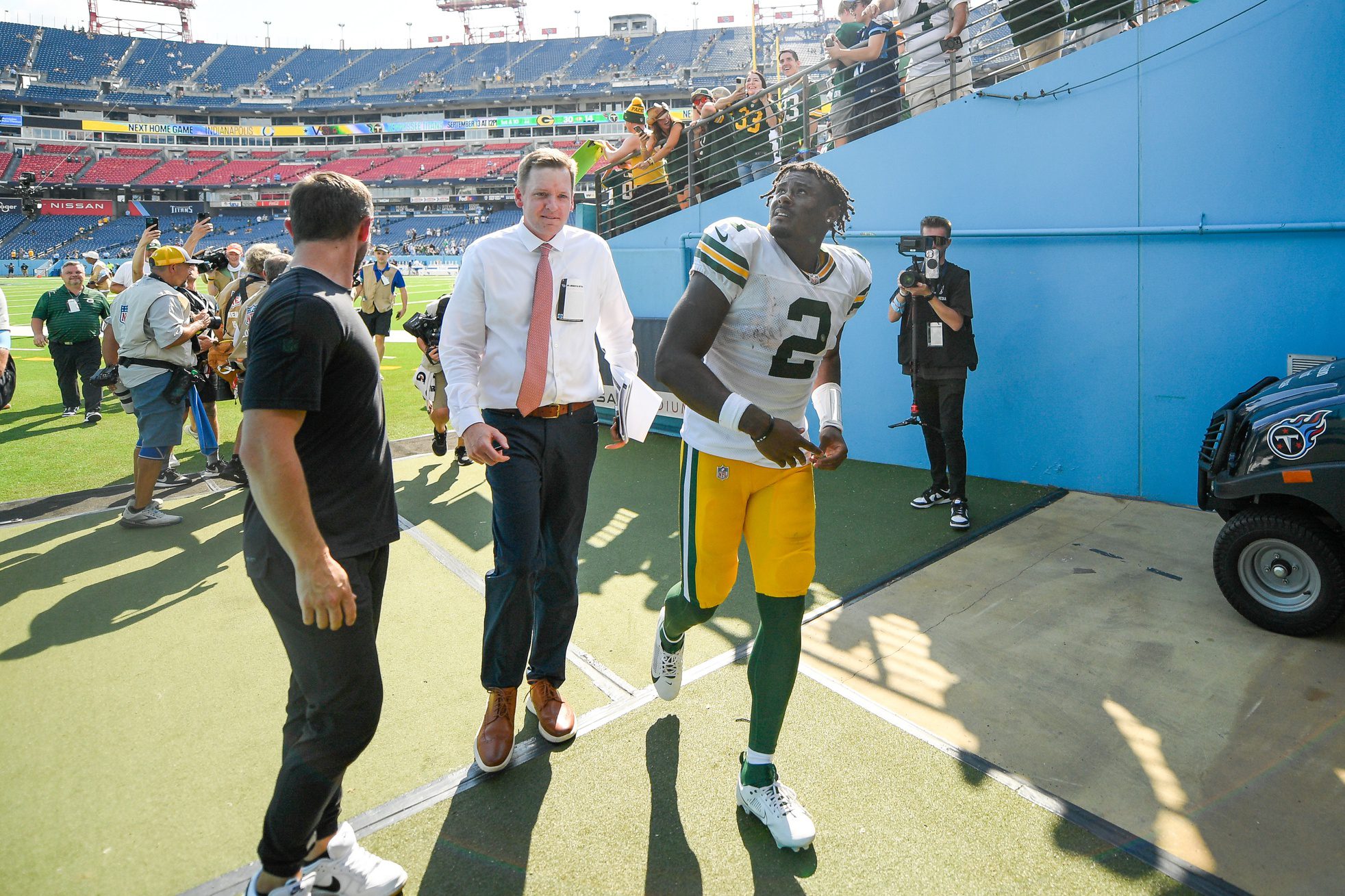 Sep 22, 2024; Nashville, Tennessee, USA;  Green Bay Packers quarterback Malik Willis (2) leaves the field against the Tennessee Titans after the game at Nissan Stadium. Mandatory Credit: Steve Roberts-Imagn Images