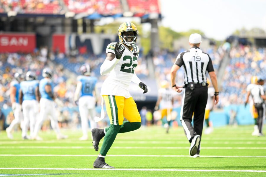 Sep 22, 2024; Nashville, Tennessee, USA; Green Bay Packers cornerback Jaire Alexander (23) waves to the crowd during the second half against the Tennessee Titans at Nissan Stadium. Mandatory Credit: Steve Roberts-Imagn Images