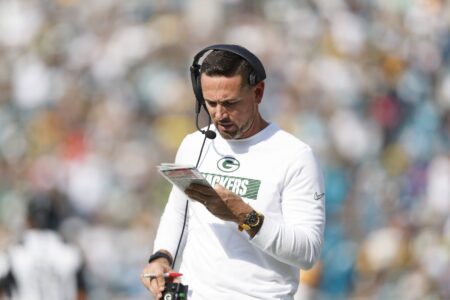 Oct 27, 2024; Jacksonville, Florida, USA; Green Bay Packers head coach Matt LaFleur against the Jacksonville Jaguars at EverBank Stadium. Mandatory Credit: Morgan Tencza-Imagn Images