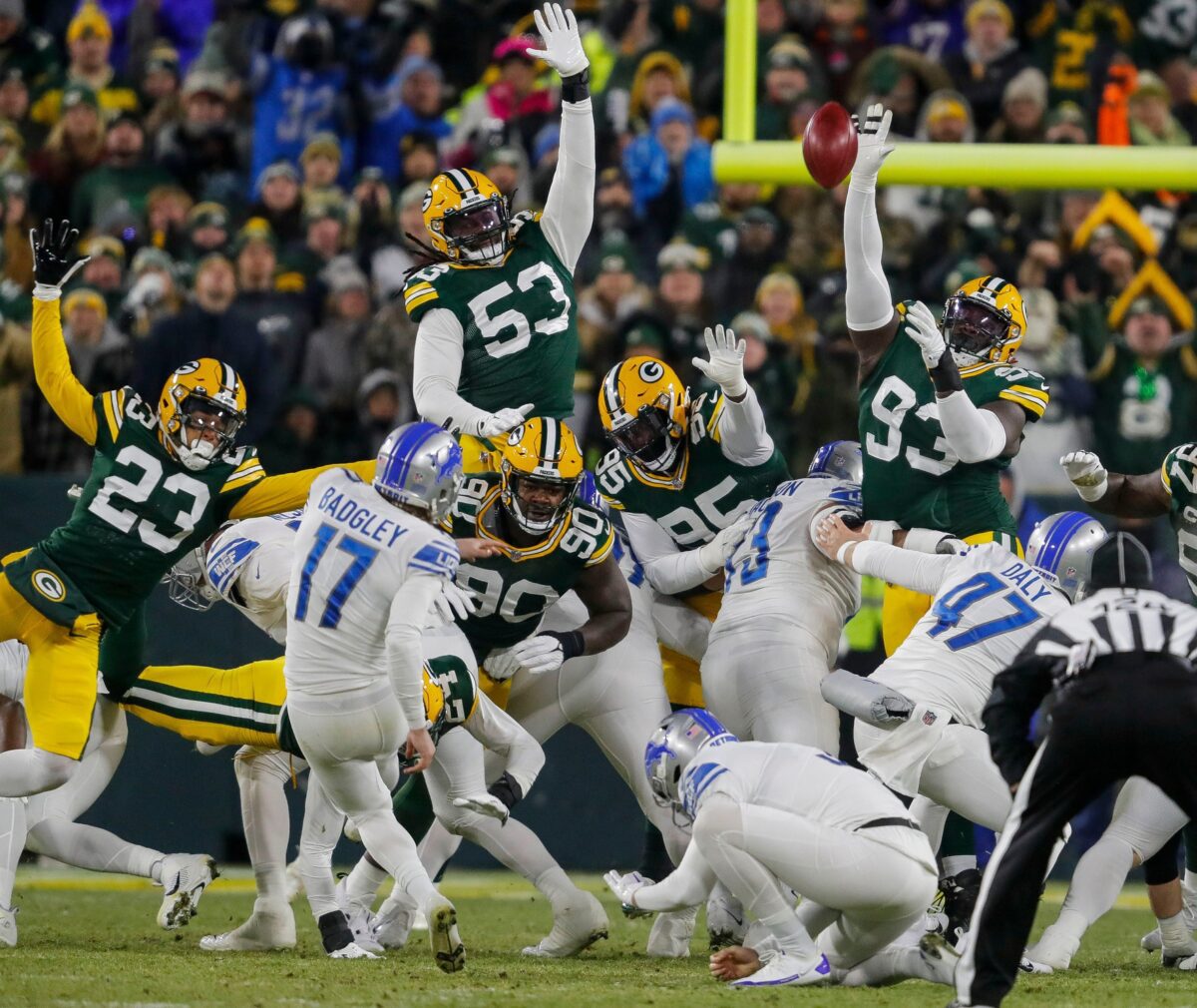 Green Bay Packers cornerback Jaire Alexander (23), linebacker Jonathan Garvin (53), defensive tackle Jarran Reed (90), defensive tackle Devonte Wyatt (95) and defensive tackle T.J. Slaton (93) try to block a field goal attempt by Detroit Lions place kicker Michael Badgley (17) on Sunday, January 8, 2023, at Lambeau Field in Green Bay, Wis.