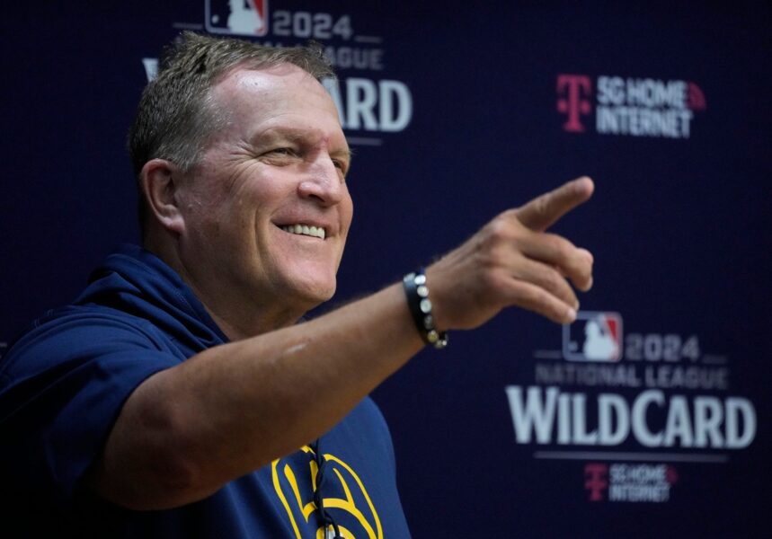 Milwaukee Brewers head coach Pat Murphy asks the media to introduce themselves during a press conference before the Tuesday Milwaukee Brewers National League Wild Card playoff series at American Family Field in Milwaukee on Monday, Sept. 30, 2024.