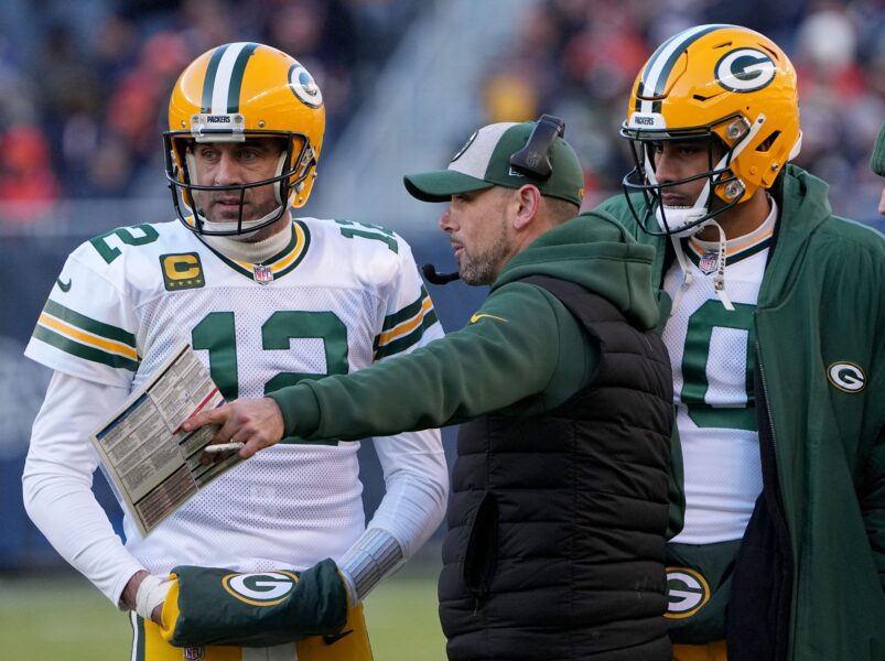 Green Bay Packers, Jordan Love, Aaron RodgersGreen Bay Packers quarterback Aaron Rodgers (12) and quarterback Jordan Love (10) listen to head coach Matt LaFleur during the fourth quarter of their game Sunday, December 4, 2022 at Soldier Field in Chicago, Ill. The Green Bay Packers beat the Chicago Bears 28-19.