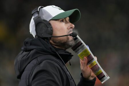 Nov 28, 2024; Green Bay, Wisconsin, USA; Green Bay Packers head coach Matt LaFleur looks on from the sidelines during the fourth quarter against the Miami Dolphins at Lambeau Field. Mandatory Credit: Jeff Hanisch-Imagn Images