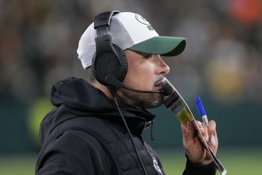 Nov 28, 2024; Green Bay, Wisconsin, USA; Green Bay Packers head coach Matt LaFleur during the game against the Miami Dolphins at Lambeau Field. Mandatory Credit: Jeff Hanisch Jordan Morgan