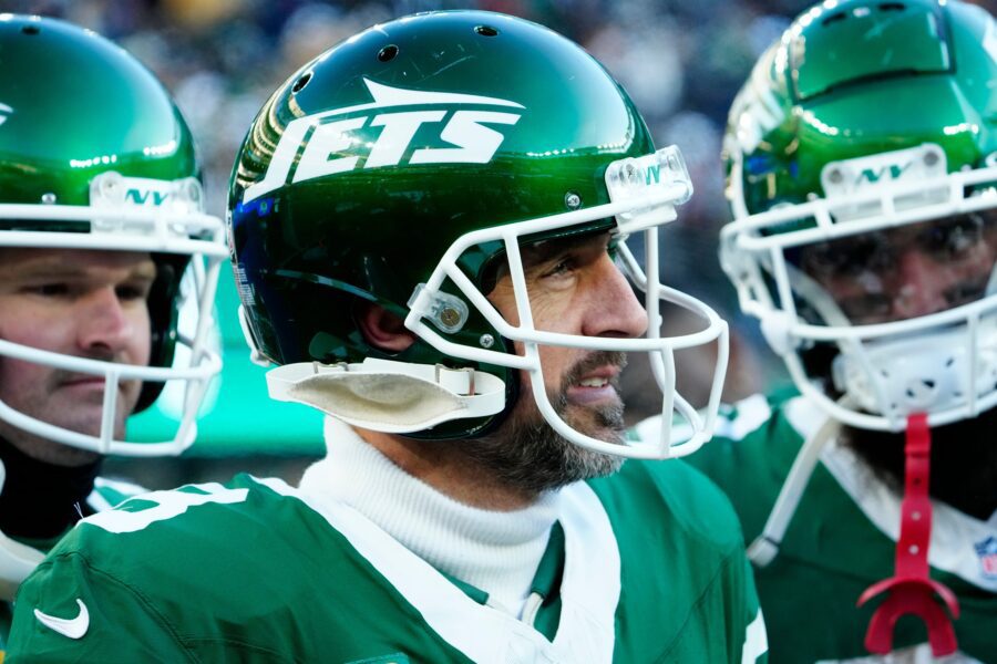 New York Jets quarterback Aaron Rodgers (8) is shown on the sideline during the second quarter, Sunday, December 22, 2024, in East Rutherford.