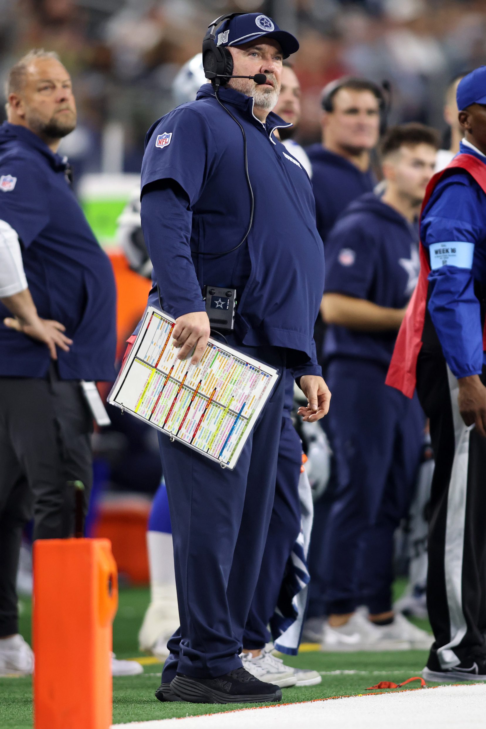 Dec 22, 2024; Arlington, Texas, USA; McCarthy stands on the sidelines during the game against the Tampa Bay Buccaneers at AT&T Stadium. Mandatory Credit: Tim Heitman-Imagn Images Packers