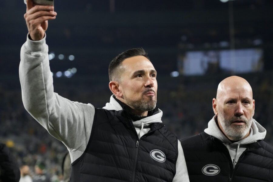 Dec 23, 2024; Green Bay, Wisconsin, USA; Green Bay Packers head coach Matt LaFleur celebrates while walking off the field following the game against the New Orleans Saints at Lambeau Field. Mandatory Credit: Jeff Hanisch-Imagn Images