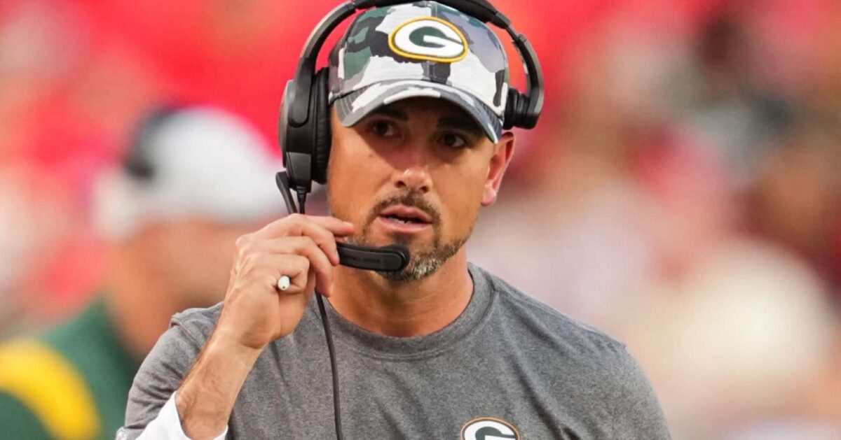 Aug 25, 2022; Kansas City, Missouri, USA; Green Bay Packers head coach Matt LaFleur during the first half against the Kansas City Chiefs at GEHA Field at Arrowhead Stadium. Mandatory Credit: Jay Biggerstaff-Imagn Images