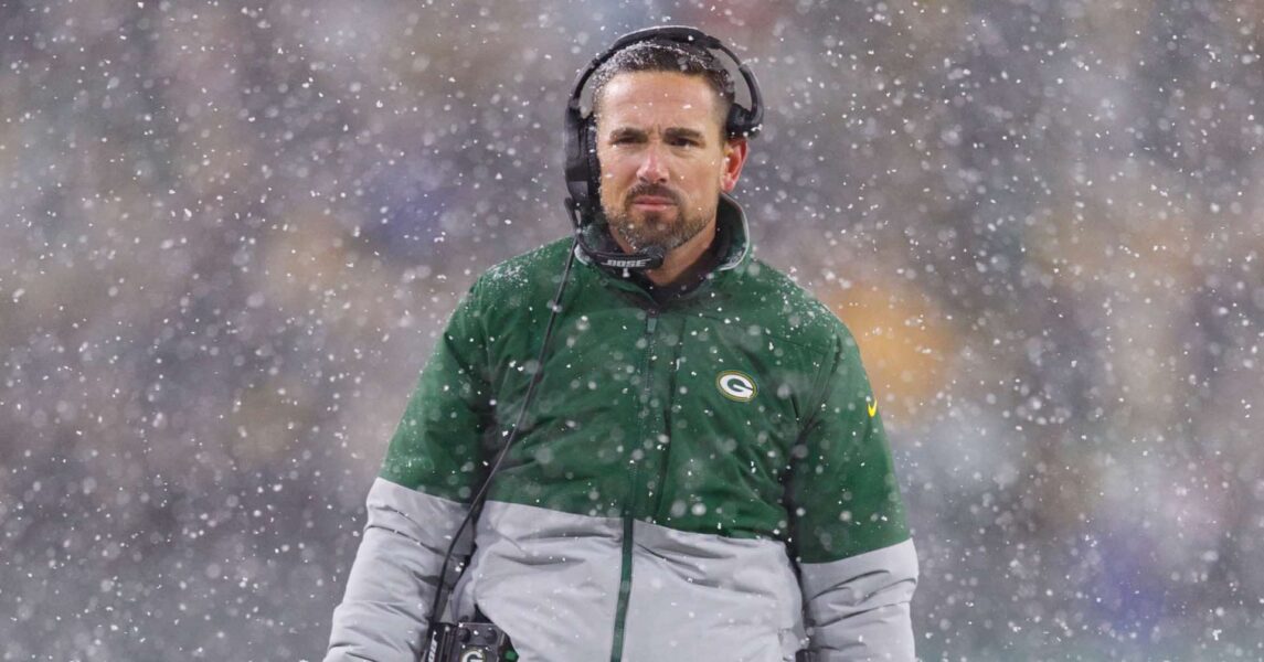 Nov 10, 2019; Green Bay, WI, USA; Green Bay Packers head coach Matt LaFleur looks on during the fourth quarter against the Carolina Panthers at Lambeau Field. Mandatory Credit: Jeff Hanisch-Imagn Images