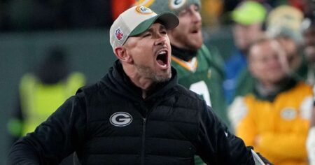 Green Bay Packers head coach Matt LaFleur celebrates as the clock winds down during the fourth quarter of their game Sunday, January 7, 2024 at Lambeau Field in Green Bay, Wisconsin. The Green Bay Packers beat the Chicago Bears 17-9. © Mark Hoffman / USA TODAY NETWORK