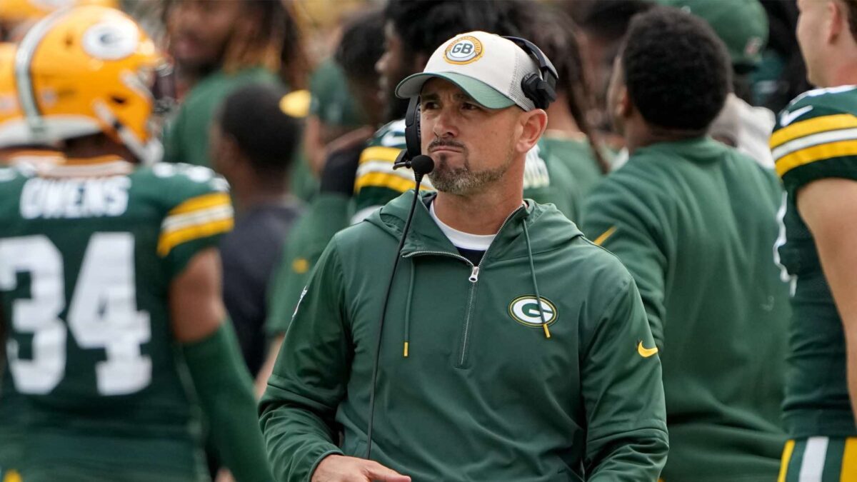 Sep 24, 2023; Green Bay, Wisconsin, USA; Green Bay Packers head coach Matt LaFleur reacts during the fourth quarter against the New Orleans Saints at Lambeau Field. Mandatory Credit: Mark Hoffman-Imagn Images