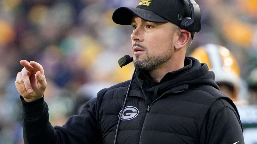 Jan 1, 2023; Green Bay, Wisconsin, USA; Green Bay Packers head coach Matt LaFleur is shown during the first quarter of their game at Lambeau Field. Mandatory Credit: Mark Hoffman-Imagn Images